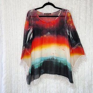 Mushkaby Sienna Rose Tunic Top MEDIUM Seaside Sunset Lace Trim Swimsuit Cover Up